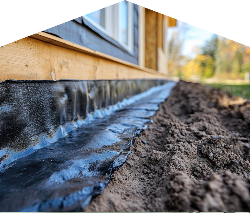 Exterior waterproofing completed by Moore & Russell, with a membrane sealing the lower foundation wall and a trench prepared for drainage installation. Exterior waterproofing completed by Moore & Russell, with a membrane sealing the lower foundation wall and a trench prepared for drainage installation.