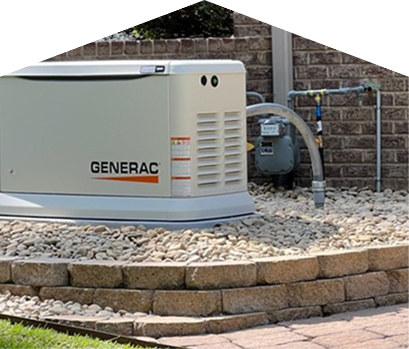 Generac standby generator installed by Moore & Russell on a raised stone platform beside a brick wall, connected to a natural gas meter for backup power supply. Generac standby generator installed by Moore & Russell on a raised stone platform beside a brick wall, connected to a natural gas meter for backup power supply.