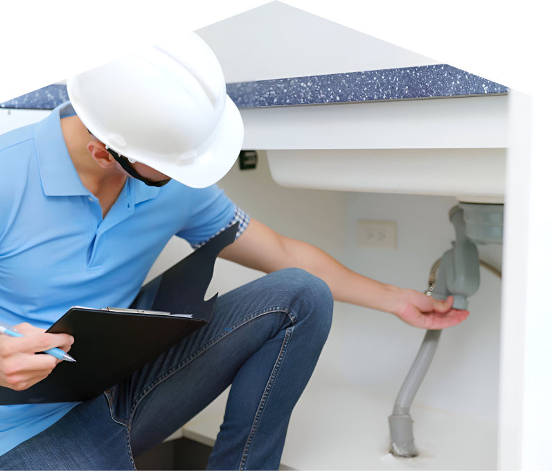 Moore & Russell plumbing specialist wearing a white hard hat, blue polo, and jeans, holding a clipboard while inspecting pipes under a sink for a water leak detection check. Moore & Russell plumbing specialist wearing a white hard hat, blue polo, and jeans, holding a clipboard while inspecting pipes under a sink for a water leak detection check.
