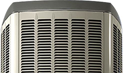 Front view of a Moore & Russell HVAC condenser unit with a metallic grille design, shown isolated on a transparent background.